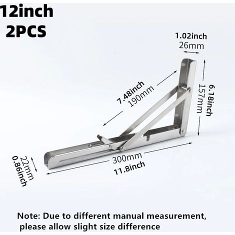 (2 supports d'étagère triangulaires pliables en acier inoxydable robuste, 30 cm, pour table, établi ou mur) (1/5)