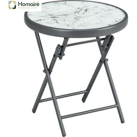 HOMAIRE Table d'appoint pliable en verre avec effet marbre, petit table de camping ronde pour balcon, terrasse, salon et bureau