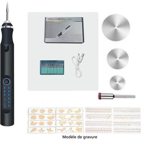 Stylo de gravure électrique sans fil avec gabarit de gravure et ensemble de disques de coupe, mini outil de gravure professionnel rechargeable par USB pour bijoux, bois, métal, pierre, plastique, arge (1/5)