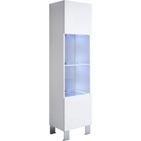 Vitrina con Patas 12cm Armario Mueble de Salón Vitrina de pared LED 1 puerta 40x177x29cm Modelo Luke V6 Blanco brillo