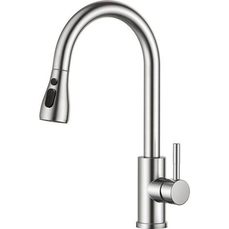Ecleanfy - Mitigeur de cuisine inox extractible 360° - Bec haut 38,5 cm, douchette 2 modes, sans plomb (1/4)