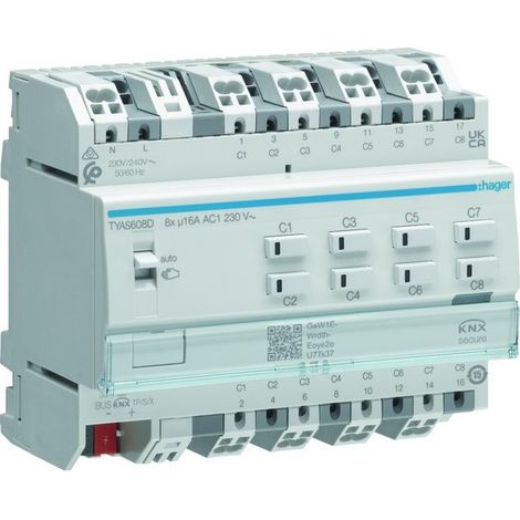 Module 8 sorties 16A 230V (charges capacitives) avec forçage manuel sans bus - HAGER TYAS608D