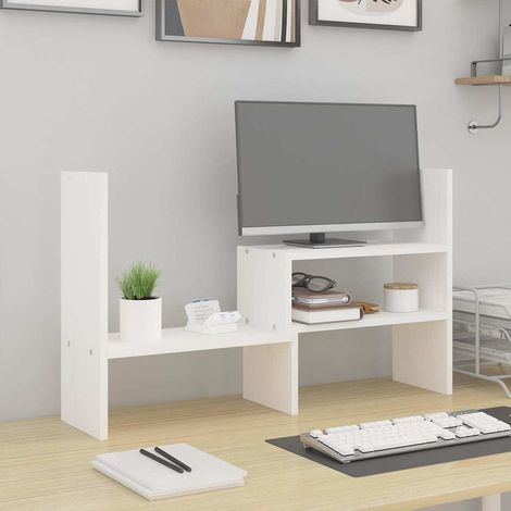 Support écran d’ordinateur réglable en bois de pin massif blanc 39-72 x 17 x 43 cm - PANGIVO (1/5)