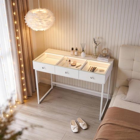 FENCHILIN Schminktisch mit LED-Beleuchtung, drei Lichtstufen, einstellbare Helligkeit, 3 Schubladen, 115 x 81 x 55 cm, weiß (1/5)