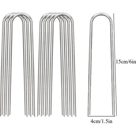 (4 x 15 cm, 10 pièces) Clous de jardin en forme de U, robustes, pour piquets de clôture, clous galvanisés pour la fixation de tuyaux d'eau, de barrières de gazon et autres éléments de jardin. (1/4)