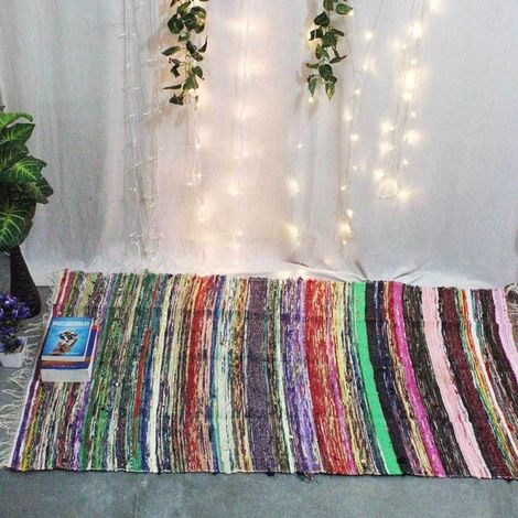 Tapis chindi indien - Fait à la main avec des bouts de tissu multicolores recyclés - Tapis décoratif style Boho - 150 x 90 cm (1/5)