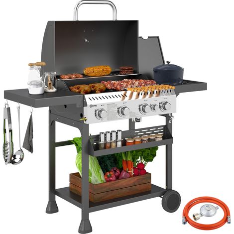 Barbecue a gas con 4 bruciatori principali + 1 bruciatore laterale – 135x55x103 cm – Griglia di stoccaggio e riscaldamento – Nero