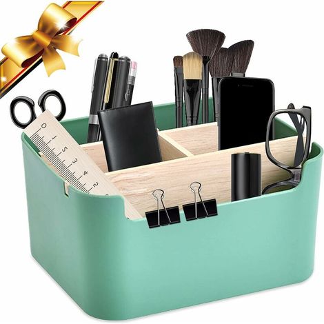 Ahlsen Desktop-Aufbewahrungsbox, 5 Fächer, Holz-Gummi-Fernbedienungsbox, multifunktionale Aufbewahrungsbox, für Fernbedienungen, Büro, Heimbedarf (grün) (1/5)