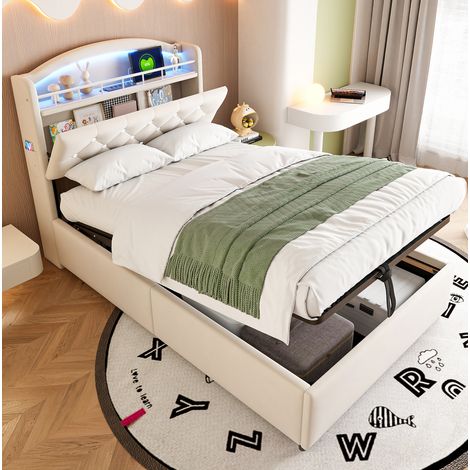letto contenitore 90x200 LED USB velluto beige OKMYHOME (1/5)