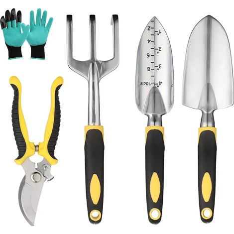 Kit de jardinage 5 pièces : pelle à creuser renforcée, râteau, cisaille, sécateur et mini outils de plantation, pour travail du sol et entretien des arbres, matériel robuste (1/5)