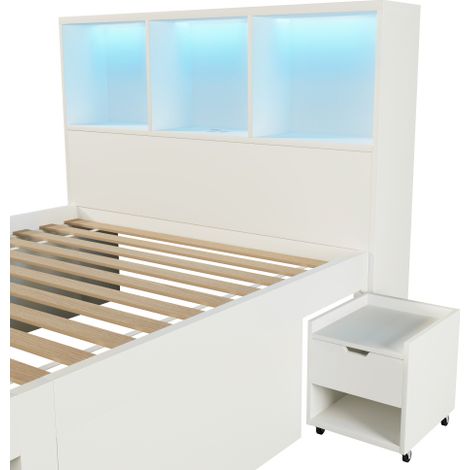 Funktionsbett  mit Stauraum und einem Beweglichen Nachttisch(1 Stück), Einzelbett Holz mit LED Beleuchtung USB-C Ladefunktion, Jugendbett mit Schubladen und Regalen, Ohne Matratze