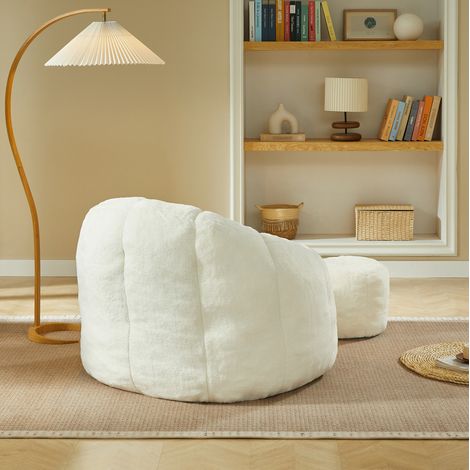 Erwachsenen-Sitzsack 105x105x70 cm aus Schaumstoff und Polyester, creme, mit Hocker – MEUBLIV (1/5)