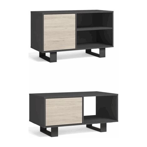 Skraut Home - Set Wind, Ensemble de meubles de salon/salle à manger composé par 1 Meuble TV100 et 1 Table Basse, Gris/Chêne, pieds noir (1/5)