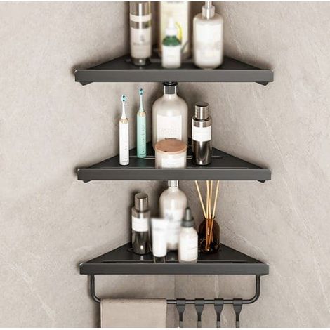 Étagère d'angle noire à trois niveaux pour salle de bain, sans perçage, 30 x 23 x 3,2 cm, hauteur réglable. (1/4)