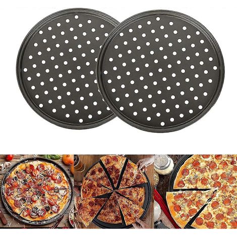 Plaque à pizza, lot de 2, plaque de cuisson antiadhésive perforée, en acier au carbone, pour une pizza croustillante, ronde (1/5)
