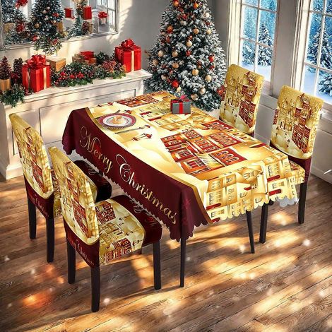 Ensemble de 4 housses de chaises de Noël imprimées numériquement avec le Père Noël rouge et or (nappe imperméable 140 x 210 cm + 4 housses de chaises) - Collection 2025 - Modèle TC-135