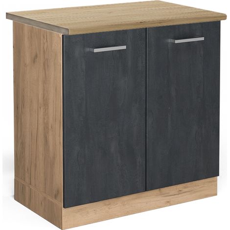 Armario bajo para fregadero R-Line, Hormigón negro, 80 cm ET Roble, Vicco