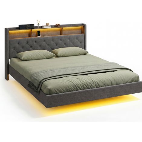 Cama Doble Tapizada 140x200 Bealife con estructura de Madera Metal Luz LED Cabecero con Espacio de Almacenamiento Beige