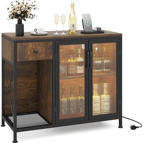 Buffet Sideboard with Power Outlets & RGB LED Lights, Wooden Storage Cabinet with Drawer, Doors & Side Shelf, Coffee Bar Table for Kitchen Dining Living Room