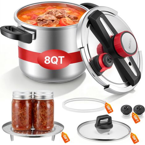 Autocuiseur 7 L, Casserole Pression en Acier Inox avec Panier Cuisson et Couvercle en Verre Trempé, 3 Niveaux de Pression jusqu'à 100 kPa, pour Viande Riz Soupes Sauces, Compatible Tous Feux (1/5)