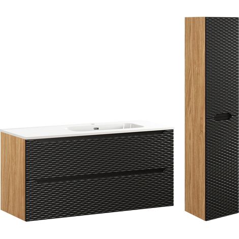 Ensemble meuble simple vasque encastrée droite 120cm 2 tiroirs et colonne Elora Noir et bois (1/5)