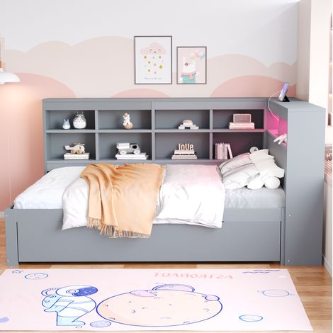 Canapé-lit en bois gris 140x200 cm avec rangements, tiroirs, prise USB et éclairage LED (1/5)