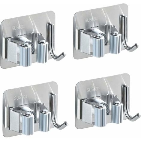 Lot de 4 supports muraux pour balai en acier inoxydable, porte-balai auto-adhésif, antirouille, avec 1 crochet et 1 fixation rapide pour vadrouille, balais et outils de jardin-LIAIKI (1/5)