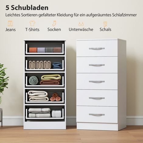 Commode 5 tiroirs, rangement à tiroirs pour vêtements et accessoires, panneaux de particules, blanc (1/2)