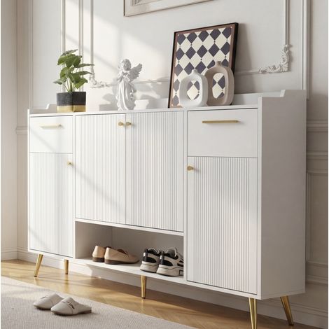 Zapatero con 2 cajones, 4 puertas y nicho abierto, 130 x 37 x 100 cm, blanco HAVRYA (1/5)