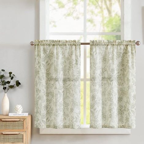 Transparenter Leinen-Vorhang – Blumenmuster – Grün auf Beige – 65 x 90 cm (1/5)