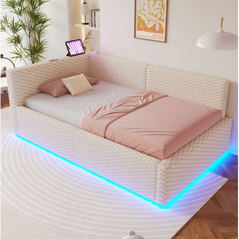Letto imbottito 90x200 cm in velluto beige, con contenitore idraulico, LED e porte USB/Type-C (1/5)