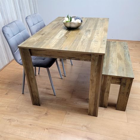 Dining Table Set for 4 Rustic Effect Dining Table With 2 Grey Velvet Chairs and 1 Matching Bench (1/5)