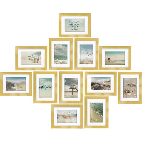 bomoe Juego de Marcos de Fotos múltiples para la Pared Ocean Collage - 12 Piezas - con paspartú - 12x 13x18cm Oro