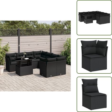 The Living Store Salon de jardin 9 pcs avec coussins noir résine tressée - Ensemble Salon De Jardin - Meuble Extérieur - Table Extensible - Chaise Lounge - Canapé D'extérieur (1/5)