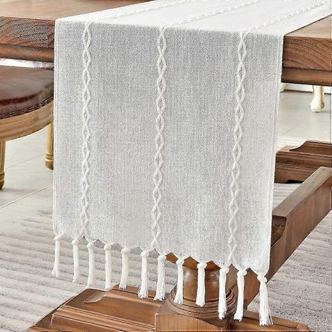 1 pièce (blanc, 228 cm) Chemin de table blanc style champêtre en coton et lin, 228 cm avec pompons, fait main, idéal pour les fêtes, la décoration de salle à manger et les buffets de desserts. (1/5)