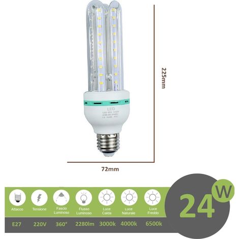 Lampadina led E27 24w 4U tubo attacco grande luce tubolare lineare bianca fredda naturale calda Naturale 4000k (1/3)