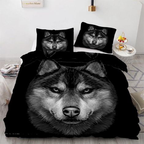 Bettwäsche-Set 135x200 cm mit 2 Kissenbezügen 80x80 cm, 4-teilig, Mikrofaser, Wolf-Motiv, Reißverschluss