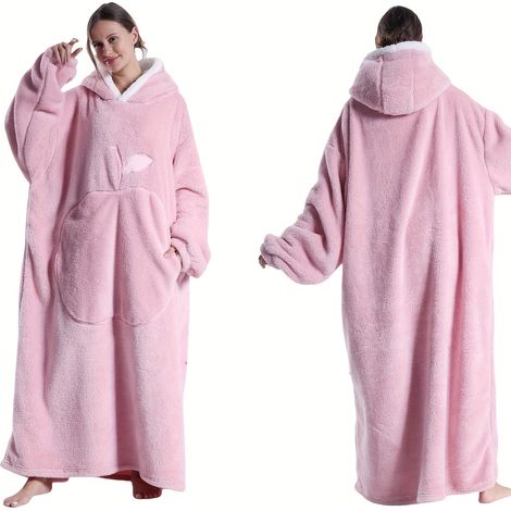 Peignoir chaud, épais et coupe-vent avec capuche Couverture en flanelle pour couples avec poche pomme, convient à une utilisation intérieure et extérieure ZX rose long (1/5)