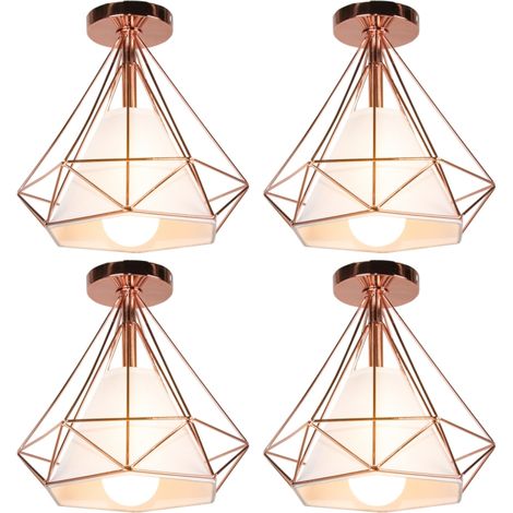 E27 Plafonnier Moderne Lampe de Plafond Abat-jour Diamant en Métal Tissu Suspension Luminaire Créatif Ø25CM Rose Doré - 4Pcs (1/5)
