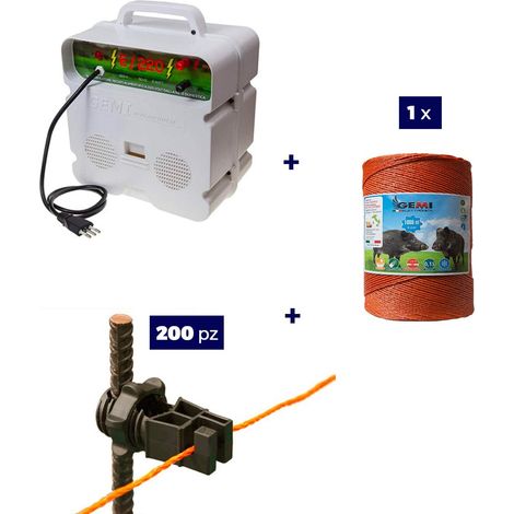 Gemi Elettronica – Électrificateur de clôture électrique 220V – Fil 1000m 6mm² – 200 isolateurs pour piquets en fer – Clôture électrifiée pour chevaux, chiens, vaches, poules