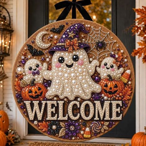 Décoration de porte style peinture diamant « Bienvenue Halloween », 20 cm, idéale pour un week-end effrayant. Décoration murale pailletée pour la maison. (1/3)