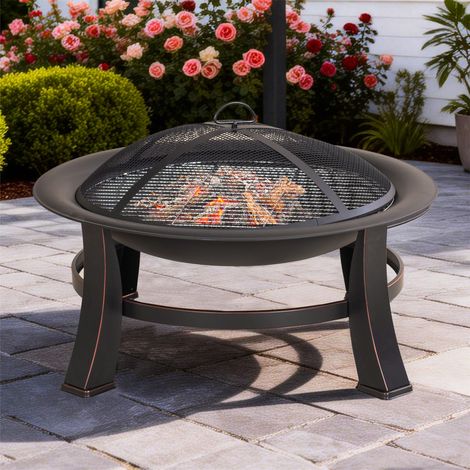 Abrihome 83cm Steel Fire Pit with BBQ Grill - Powder-Coated, Rust-Resistant, Includes Poker, Log Rack & Spark Guard
