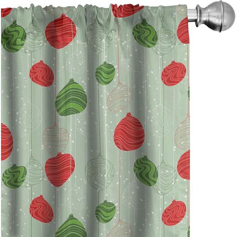 Rideaux de Noël, motifs de Noël vintage d'hiver enneigé avec boules à rayures ondulées sur ficelles, jeu de 2 panneaux pour salon et chambre. Paire de - 28" x 84" - vert et rouge (1/5)