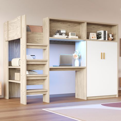 Cama alta 90x200 cm con escritorio, armario muebles de almacenaje, compartimentos de almacenaje, iluminación LED color madera+blanco(Sin colchón) (1/5)