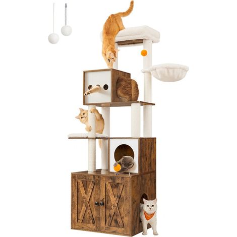 Arbre à chat moderne avec cache-litière tour de jeu griffoir avec maison de toilette 185 cm niche plateforme tapis lavables grège (1/5)