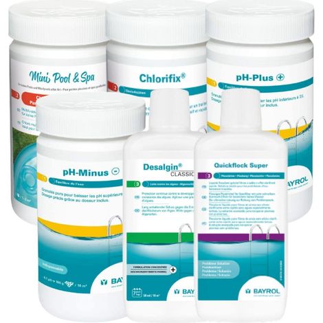 Bayrol – Pack de traitement piscine 6 produits – Chlore 5 fonctions 1kg, Choc 1kg, pH plus 1kg, pH minus 1,5kg, Anti-algues 1L, Floculation 1L