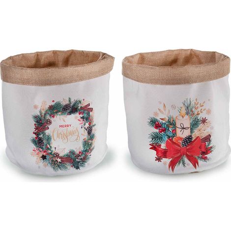 Cestini di Natale in stoffa con interno in juta e decorazioni natalizie con scritta Merry Christmas, set da 8 pezzi, Ø 18 cm x 22 H