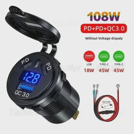 Chargeur de voiture rapide 45 W PD et 18 W QC3.0 avec prise USB Type C 12 V, interrupteur et voltmètre, étanche, pour bateau, moto et camion. (1/5)