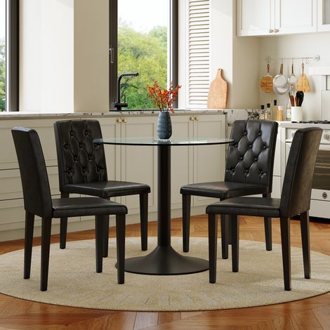 Ensemble table verre 85 cm + 4 chaises PU dossier boutonné. Style minimaliste moderne discret pour salle à manger. (1/5)