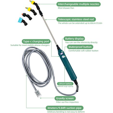 Lance d'Arrosage Électrique Rétractable en Acier Inoxydable 23 Pouces avec Pistolet de Pulvérisation Étanche USB-C, Affichage de Puissance et 3 Buses de Cuivre pour Jardin, Pelouse (1/4)